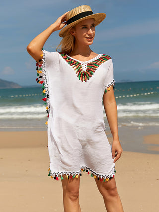 Shop Tassel V-Neck Short Sleeve Cover Up - High-Quality U.S. Made Women’s Fashion with Free & Fast Shipping