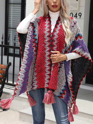 Shop Striped Open Front Poncho with Tassels - High-Quality U.S. Made Women’s Fashion with Free Fast Shipping