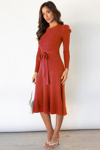 Shop Round Neck Long Sleeve Tie Waist Sweater Dress - High-Quality U.S. Made Women’s Fashion with Free Fast Shipping