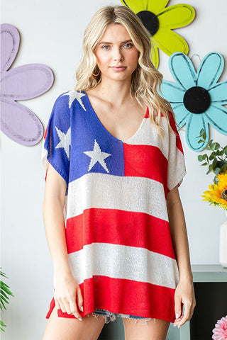 Shop First Love Full Size USA Flag Drop Shoulder Knit Top - High-Quality U.S. Made Women’s Fashion with Free & Fast Shipping