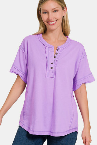 Shop LAVENDER Zenana Exposed Seam Half Button Short Sleeve Top - High-Quality U.S. Made Women’s Fashion with Free & Fast Shipping