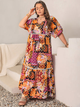 Shop Plus Size Printed V-Neck Half Sleeve Maxi Dress - High-Quality U.S. Made Women’s Fashion with Free Fast Shipping