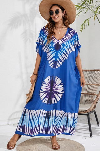 Shop Royal Blue One Size Slit Printed V-Neck Short Sleeve Cover Up - High-Quality U.S. Made Women’s Fashion with Free & Fast Shipping