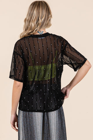 Shop GeeGee Round Neck Drop Shoulder Mesh Glitter Top - High-Quality U.S. Made Women’s Fashion with Free & Fast Shipping