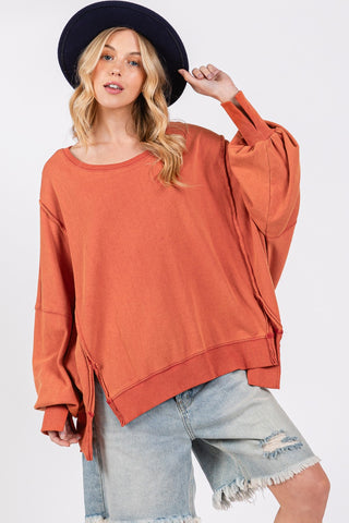 Shop Amber SAGE + FIG Mineral Wash Side Slit Oversized Sweatshirt - High-Quality U.S. Made Women’s Fashion with Free & Fast Shipping