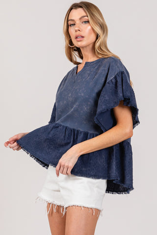 Shop SAGE + FIG Ruffle Sleeve Washed Short Sleeve Blouse - High-Quality U.S. Made Women’s Fashion with Free & Fast Shipping