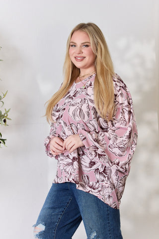 Shop Heimish Full Size Floral V-Neck Balloon Sleeve Blouse - High-Quality U.S. Made Women’s Fashion with Free & Fast Shipping