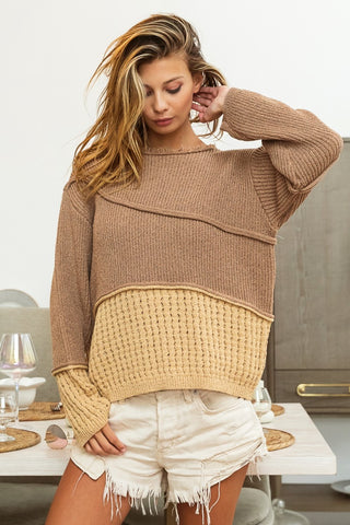 Shop BiBi Texture Detail Contrast Drop Shoulder Sweater - High-Quality U.S. Made Women’s Fashion with Free Fast Shipping