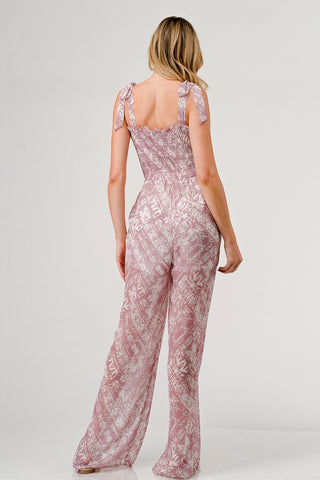 Shop GeeGee Printed Tie Shoulder Wide Leg Jumpsuit - High-Quality U.S. Made Women’s Fashion with Free & Fast Shipping