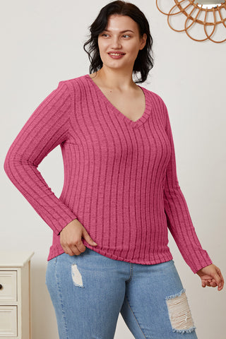 Shop Basic Bae Full Size Ribbed V-Neck Long Sleeve T-Shirt - High-Quality U.S. Made Women’s Fashion with Free & Fast Shipping