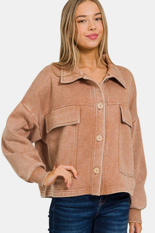 Shop Zenana Wash Fleece Front Pocket Button Up Shacket - High-Quality U.S. Made Women’s Fashion with Free & Fast Shipping