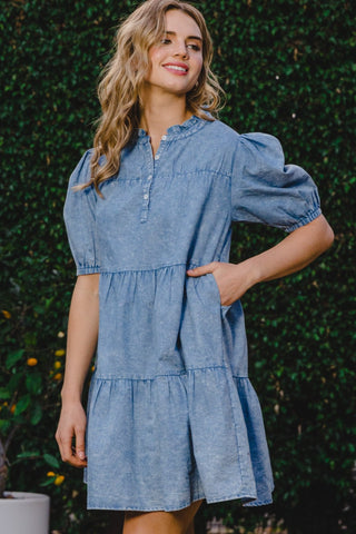 Shop ODDI Washed Tiered Mini Denim Dress - High-Quality U.S. Made Women’s Fashion with Free & Fast Shipping