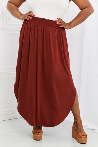 Shop Zenana It's My Time Full Size Side Scoop Scrunch Skirt in Dark Rust - High-Quality U.S. Made Women’s Fashion with Free & Fast Shipping