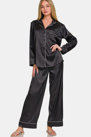 Shop Zenana Satin Long Sleeve Shirt and Pants Pajama Set - High-Quality U.S. Made Women’s Fashion with Free Fast Shipping