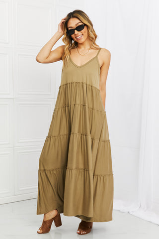 Shop Zenana Full Size Spaghetti Strap Tiered Dress with Pockets in Khaki - High-Quality U.S. Made Women’s Fashion with Free & Fast Shipping