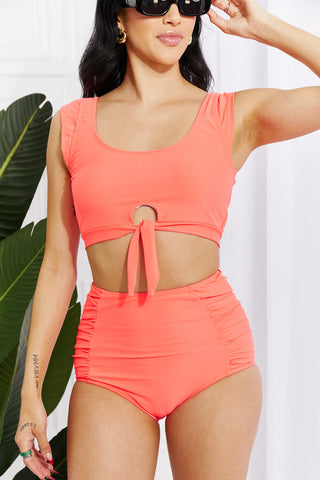 Shop Marina West Swim Sanibel Crop Swim Top and Ruched Bottoms Set in Coral - High-Quality U.S. Made Women’s Fashion with Free Fast Shipping