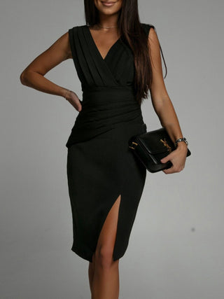 Shop Black Slit Ruched Surplice Tank Dress - High-Quality U.S. Made Women’s Fashion with Free & Fast Shipping