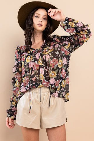 Shop Ces Femme Ruffle Trim Long Sleeve Floral Blouse - High-Quality U.S. Made Women’s Fashion with Free & Fast Shipping