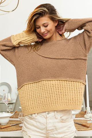 Shop BiBi Texture Detail Contrast Drop Shoulder Sweater - High-Quality U.S. Made Women’s Fashion with Free Fast Shipping