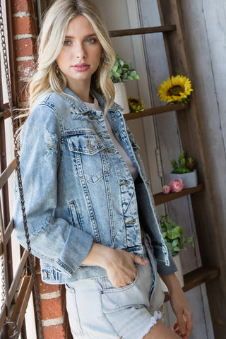 Shop Veveret Distressed Button Up Denim Jacket - High-Quality U.S. Made Women’s Fashion with Free & Fast Shipping