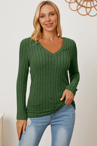 Shop Green Basic Bae Full Size Ribbed V-Neck Long Sleeve T-Shirt - High-Quality U.S. Made Women’s Fashion with Free & Fast Shipping