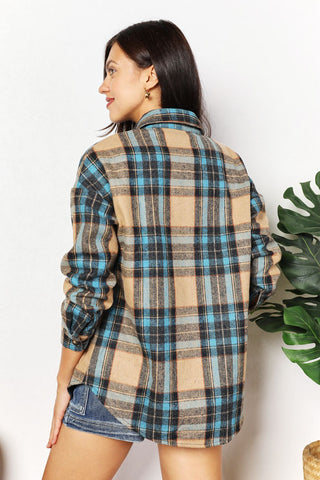 Shop Double Take Plaid Curved Hem Shirt Jacket with Breast Pockets - High-Quality U.S. Made Women’s Fashion with Free & Fast Shipping