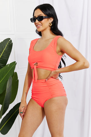 Shop Marina West Swim Sanibel Crop Swim Top and Ruched Bottoms Set in Coral - High-Quality U.S. Made Women’s Fashion with Free Fast Shipping