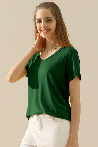 Shop DEEP GREEN Ninexis Full Size V-Neck Short Sleeve T-Shirt - High-Quality U.S. Made Women’s Fashion with Free & Fast Shipping