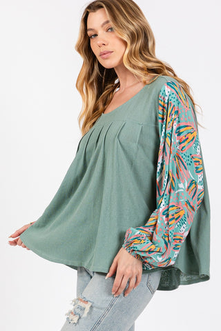 Shop SAGE + FIG Ruched Round Neck Printed Bubble Sleeve Top - High-Quality U.S. Made Women’s Fashion with Free & Fast Shipping