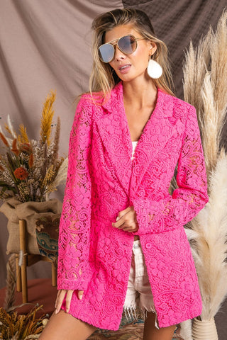 Shop Fuchsia BiBi Single-Breasted Long Sleeve Lace Blazer - High-Quality U.S. Made Women’s Fashion with Free & Fast Shipping