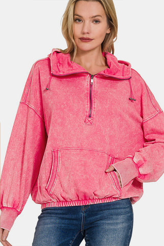 Shop FUCHSIA Zenana Drawstring Half Zip Dropped Shoulder Hoodie - High-Quality U.S. Made Women’s Fashion with Free & Fast Shipping