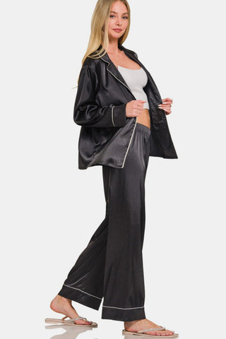 Shop Zenana Satin Long Sleeve Shirt and Pants Pajama Set - High-Quality U.S. Made Women’s Fashion with Free Fast Shipping