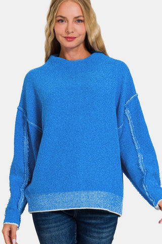 Shop Ocean Blue Zenana Exposed Seam Mock Neck Long Sleeve Sweater - High-Quality U.S. Made Women’s Fashion with Free & Fast Shipping