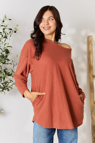 Shop BOMBOM Drop Shoulder Long Sleeve Blouse with Pockets - High-Quality U.S. Made Women’s Fashion with Free & Fast Shipping