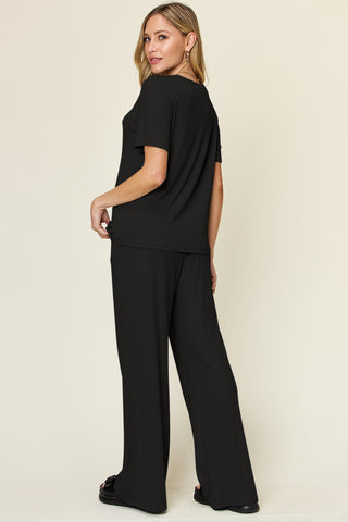 Shop Double Take Full Size Round Neck Short Sleeve T-Shirt and Wide Leg Pants Set - High-Quality U.S. Made Women’s Fashion with Free Fast Shipping