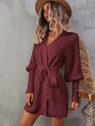 Shop Belted Surplice Lantern Sleeve Wrap Sweater Dress - High-Quality U.S. Made Women’s Fashion with Free & Fast Shipping