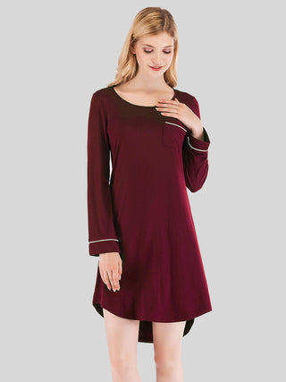 Shop Wine Round Neck Night Dress with Pocket - High-Quality U.S. Made Women’s Fashion with Free & Fast Shipping