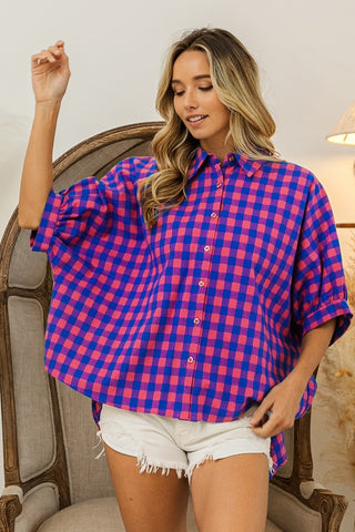 Shop BiBi Plaid Button Up Dolman Sleeve Shirt - High-Quality U.S. Made Women’s Fashion with Free & Fast Shipping