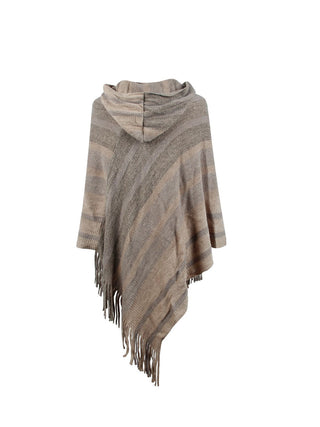 Shop Striped Fringe Hem Hooded Poncho - High-Quality U.S. Made Women’s Fashion with Free & Fast Shipping