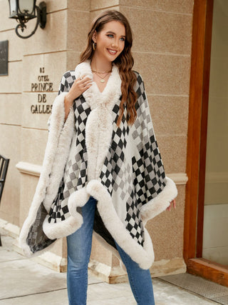 Shop Checkered Faux Fur Trim Poncho - High-Quality U.S. Made Women’s Fashion with Free & Fast Shipping