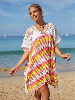 Shop Pink One Size Cutout Striped Cover-Up with Tassel - High-Quality U.S. Made Women’s Fashion with Free & Fast Shipping