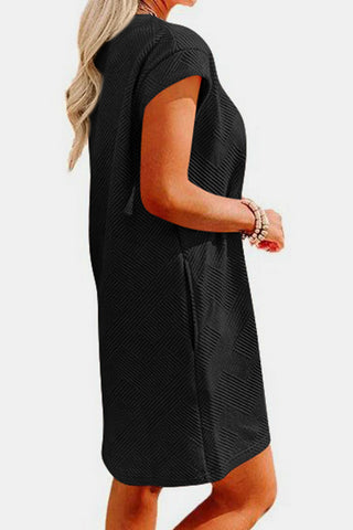 Shop Textured Round Neck Cap Sleeve Dress - High-Quality U.S. Made Women’s Fashion with Free & Fast Shipping