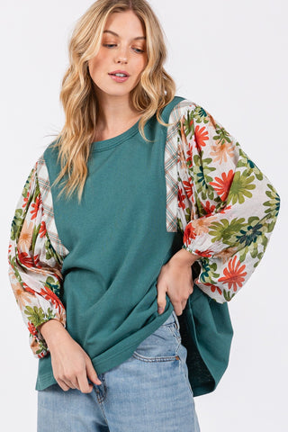 Shop SAGE + FIG Full Size Printed Balloon Sleeve Contrast Top - High-Quality U.S. Made Women’s Fashion with Free & Fast Shipping