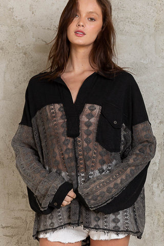 Shop Black POL Johnny Collar Long Sleeve Lace Blouse - High-Quality U.S. Made Women’s Fashion with Free & Fast Shipping