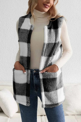 Shop Sherpa Plaid Open Front Vest Coat - High-Quality U.S. Made Women’s Fashion with Free & Fast Shipping