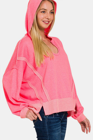 Shop Fuchsia Zenana Contrast Trim Slit Hoodie - High-Quality U.S. Made Women’s Fashion with Free & Fast Shipping