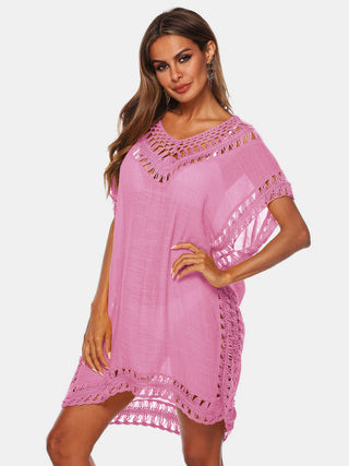 Shop Pink One Size Cutout V-Neck Short Sleeve Cover-Up - High-Quality U.S. Made Women’s Fashion with Free & Fast Shipping