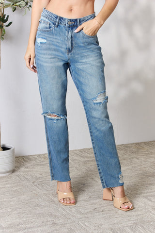 Shop Medium Judy Blue Full Size Distressed Raw Hem Straight Jeans - High-Quality U.S. Made Women’s Fashion with Free & Fast Shipping