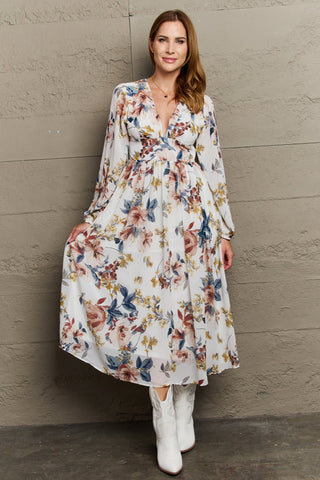 Shop Floral OneTheLand Good Day Chiffon Floral Midi Dress - High-Quality U.S. Made Women’s Fashion with Free & Fast Shipping