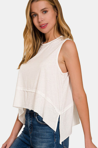 Shop Ivory Zenana Slit High-Low Round Neck Tank - High-Quality U.S. Made Women’s Fashion with Free & Fast Shipping